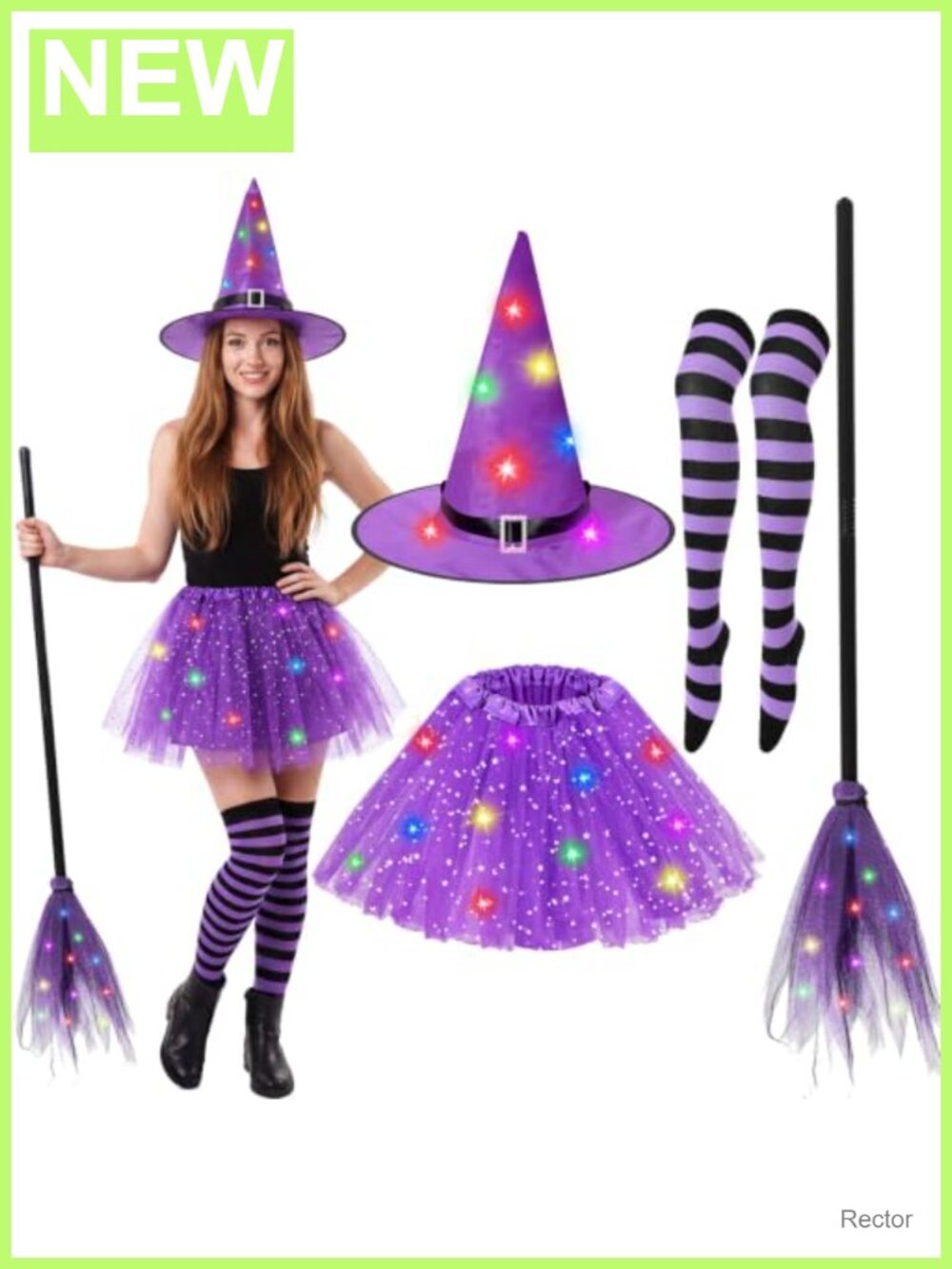 Women's 4pc Halloween Witch Costume Tutu Skirt Hat Broom Socks LED